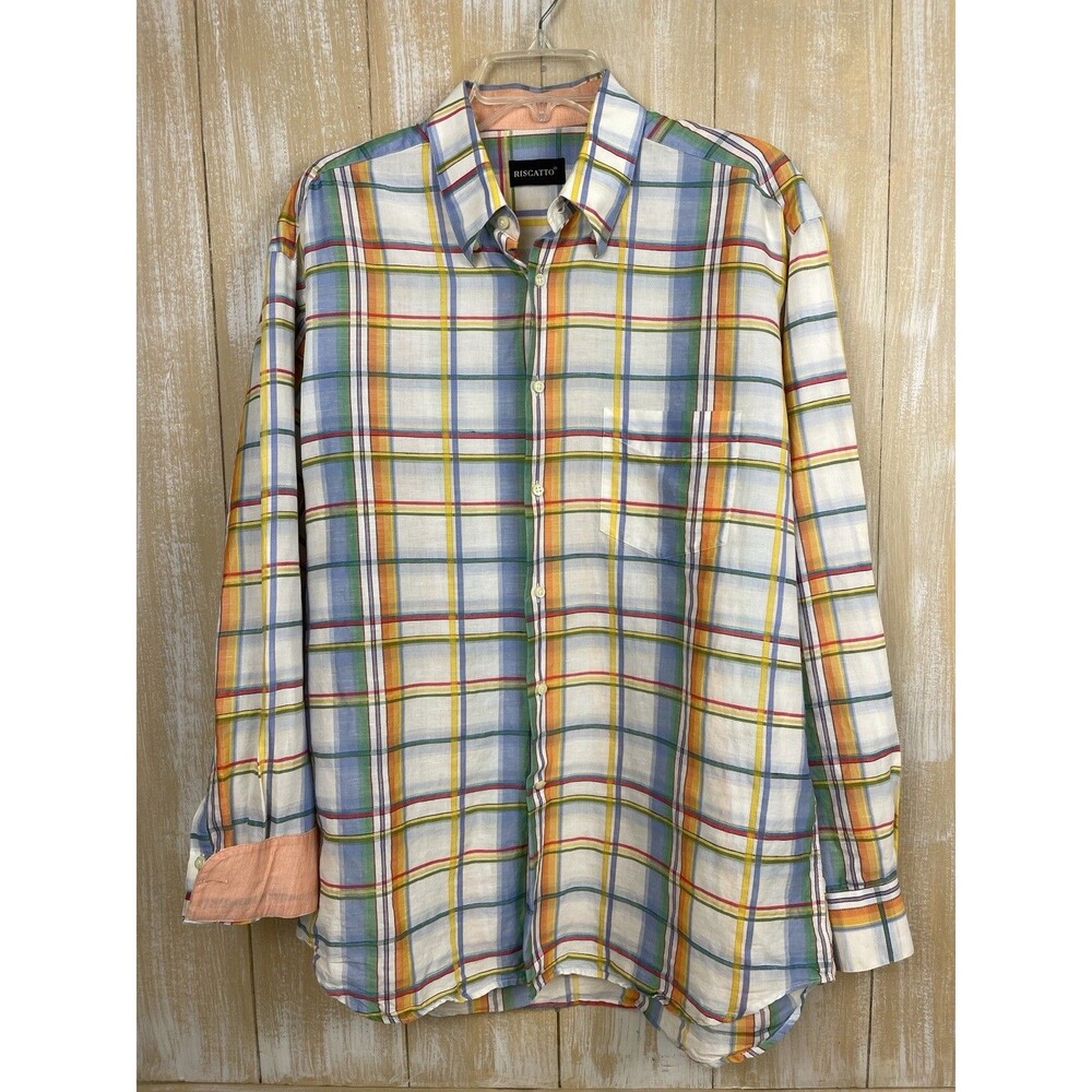 Riscatto Shirt Men’s L Plaid Linen Long Sleeve Button Down Cuff Sleeve Romania